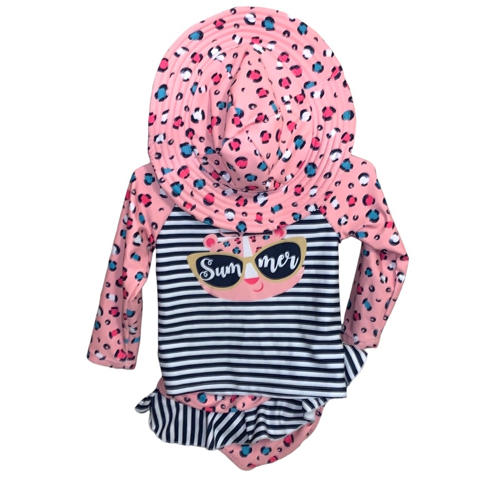 Girls rashguard swimsuit 3 pieces- matching hat, top and bottoms 2T